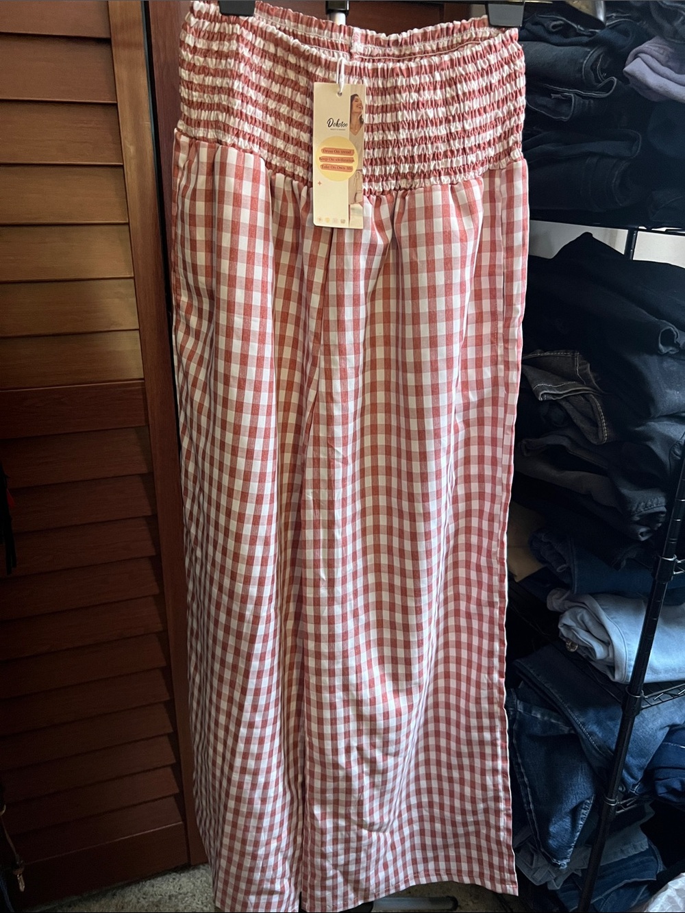 Wide-Leg Red Gingham Smocked-Waist Pants